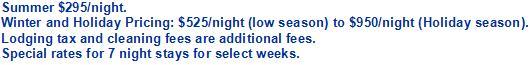 Deer Valley Vacation Rental - Rate Table